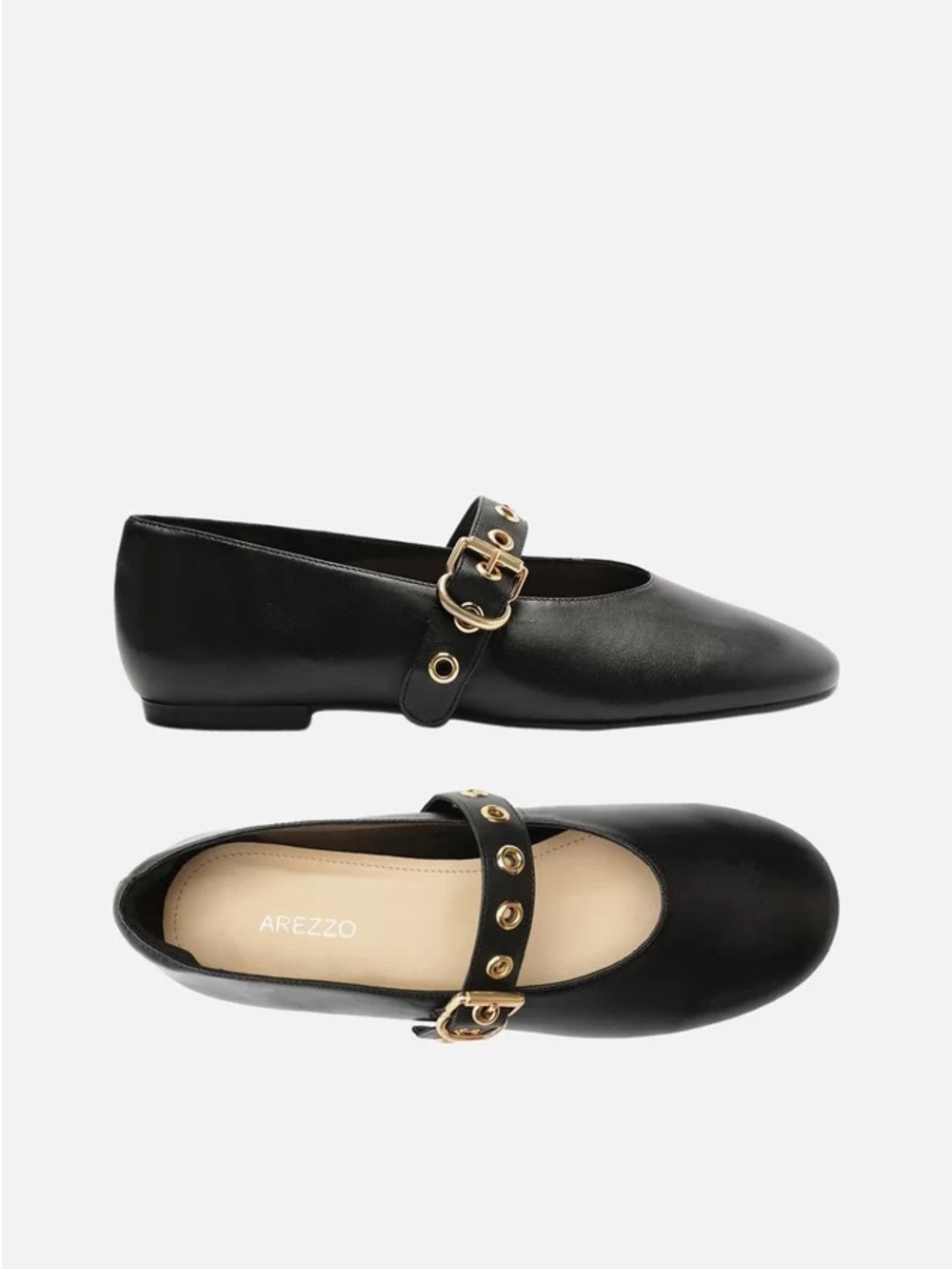 Arezzo Eden Black Leather Mary Jane Flats, 8